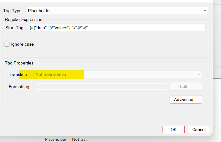 Screenshot of RWS AppStore Ideas placeholder settings with 'Not translatable' selected for the 'Translate' property.