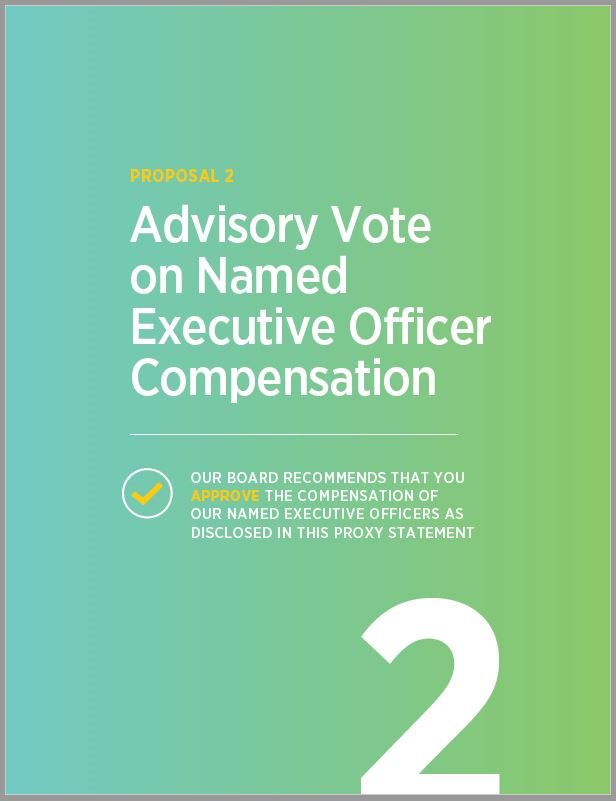 Screenshot of a document page with a green background. It reads 'PROPOSAL 2 Advisory Vote on Named Executive Officer Compensation' with a large number '2' at the bottom. A checkmark and text 'OUR BOARD RECOMMENDS THAT YOU APPROVE THE COMPENSATION OF OUR NAMED EXECUTIVE OFFICERS AS DISCLOSED IN THIS PROXY STATEMENT' are also visible.