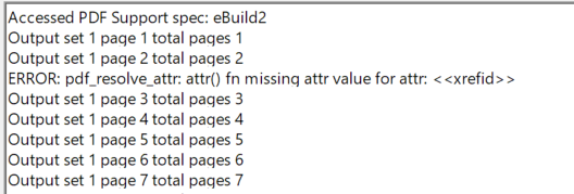 Terminal output showing PDF support accessed, pages output, and an error message for missing attribute value for 'xrefid'.