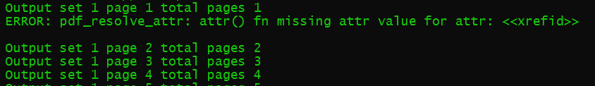 Terminal output with green text on a black background displaying an error for missing attribute value for 'xrefid' on page 1.