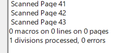 PDF Check output showing scanned pages and a summary indicating 0 macros, 0 lines, 0 pages, 1 division processed, and 0 errors.