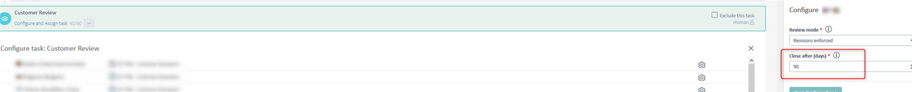 Screenshot of Trados Enterprise showing the 'Configure task: Customer Review' interface with a red error icon next to 'Close after (days)' field set to 90.