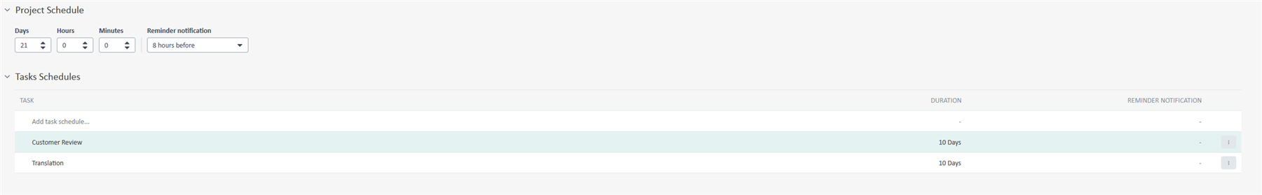 Screenshot of Trados Enterprise displaying the 'Project Schedule' interface with fields for days, hours, minutes, and reminder notification, and a task schedule list including 'Customer Review' and 'Translation'.