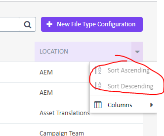 Screenshot showing the 'Location' dropdown menu in Trados Enterprise with 'Sort Ascending' and 'Sort Descending' options circled, indicating they are not selectable.