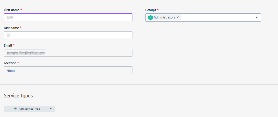 Form interface showing fields for First name, Last name, Email, Location, and a dropdown for Groups with 'Administrators' selected. A section labeled 'Service Types' includes an 'Add Service Type' button.