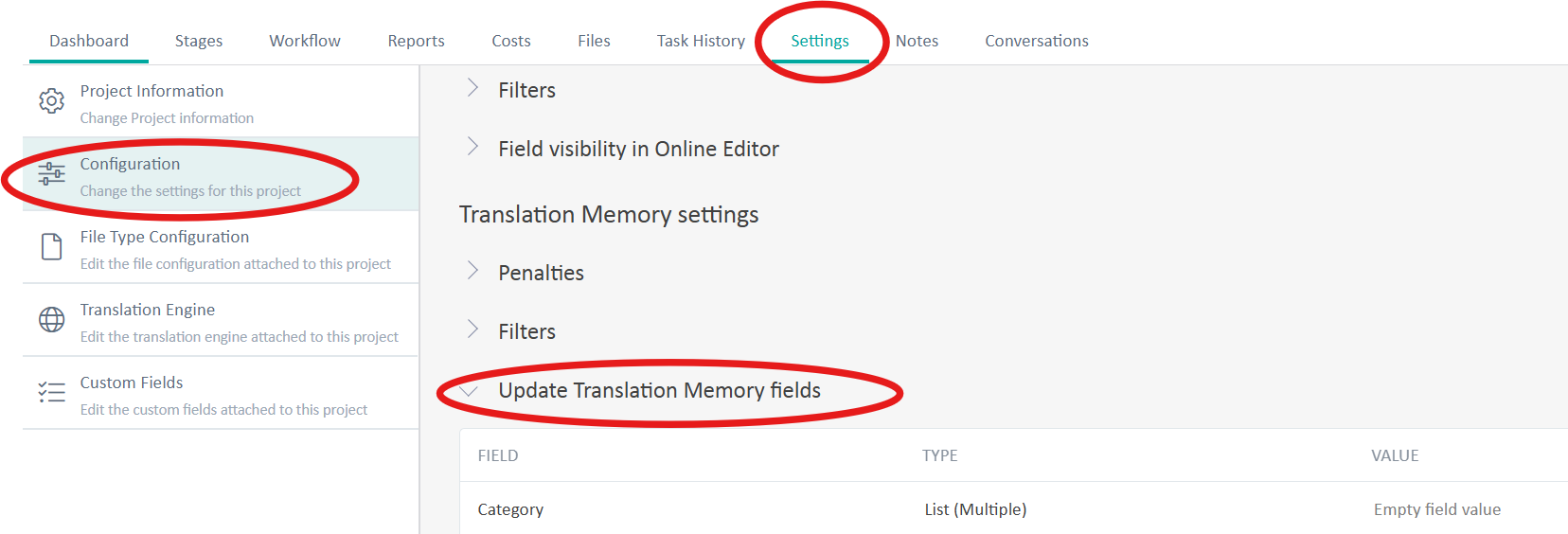 Screenshot of Trados Enterprise interface highlighting the 'Settings' tab and 'Configuration' option for project settings, with 'Update Translation Memory fields' section expanded showing an empty field value.