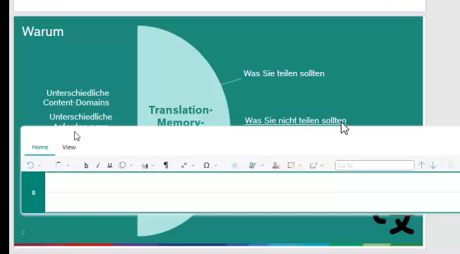 Screenshot showing a green background with white text 'Was Sie teilen sollten' and 'Was Sie nicht teilen sollten'. The editor overlay displays white text on a white background.