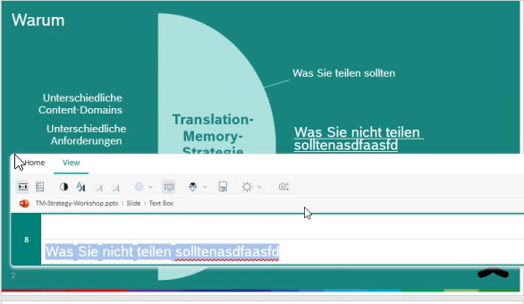 Screenshot showing a green background with white text 'Was Sie nicht teilen solltenasdfaafd' overlapping and extending into two lines, causing readability issues in the editor overlay.