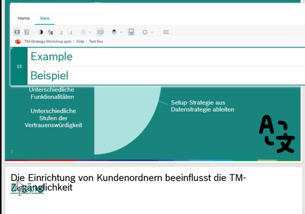 Screenshot showing a green background with text 'Example' and 'Beispiel'. The word 'Beispiel' overlaps into two lines, making it difficult to read in the editor overlay.