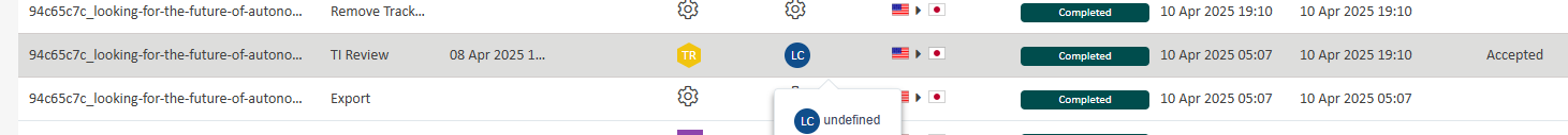 Screenshot showing a task list with three entries. Each entry includes a task name, status, and timestamps. One entry has a tooltip displaying 'LC undefined' next to a blue icon.