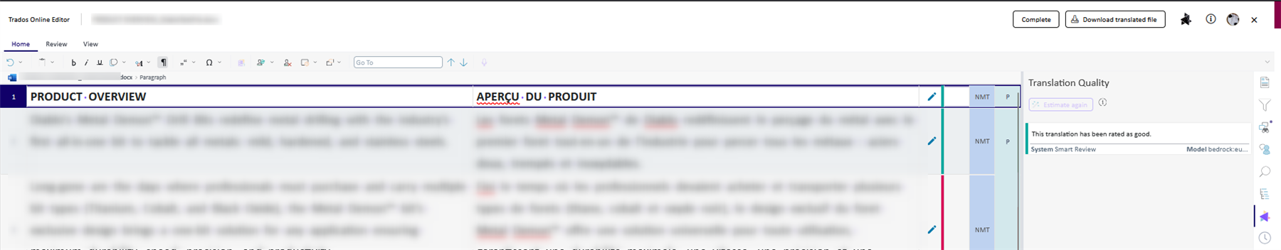 Trados Online Editor interface showing a document with the title 'PRODUCT OVERVIEW' and its translation 'APERCU DU PRODUIT'. The Translation Quality panel indicates the translation is rated as good.