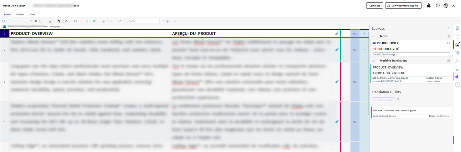 Trados Online Editor interface showing a document with the title 'PRODUCT OVERVIEW' and its translation 'APERCU DU PRODUIT'. Both Lookups and Translation Quality panels are visible, showing terms, translations, and quality rating.