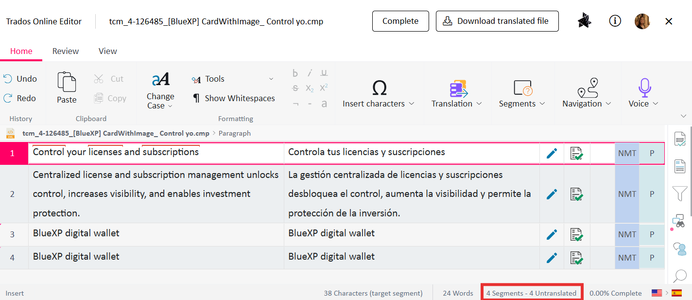 Screenshot of Trados Online Editor showing a file with four segments, including English and Spanish translations, and a status bar indicating 4 segments with 4 untranslated.