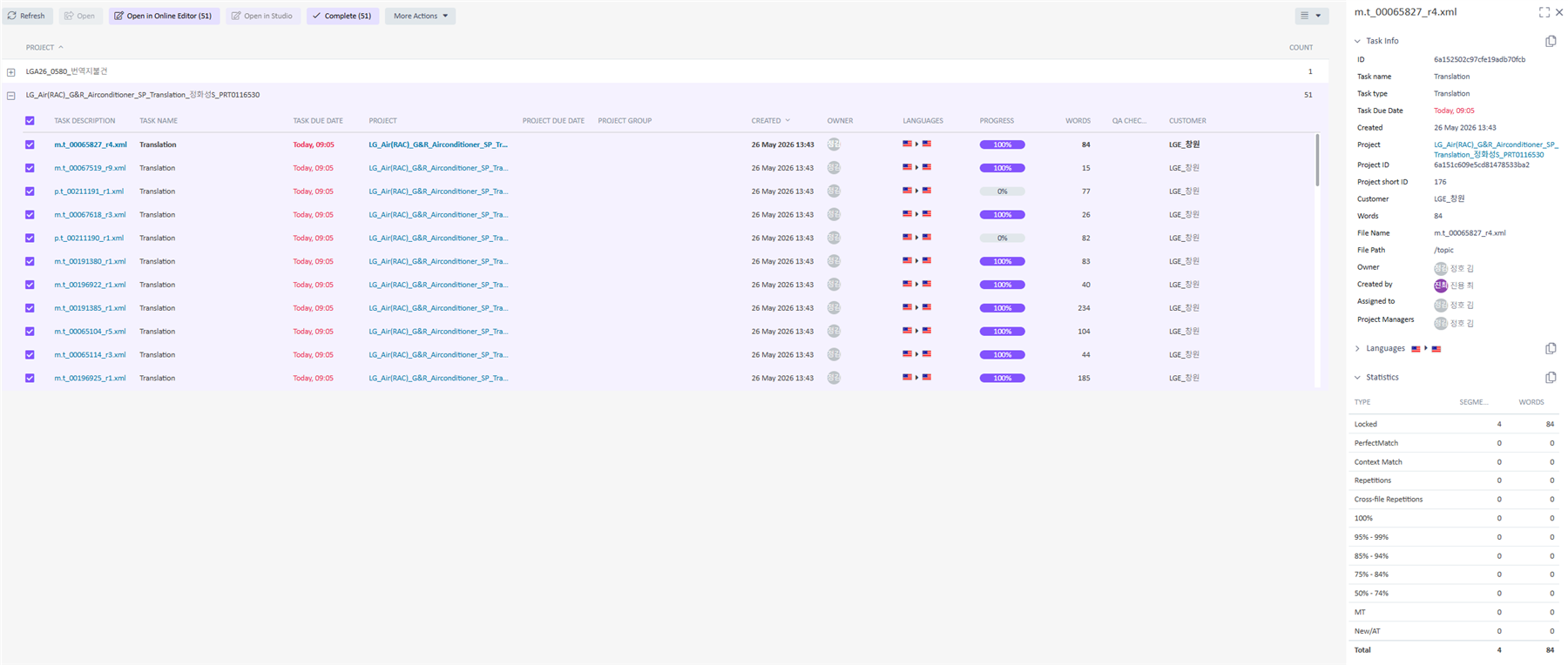 Screenshot of the Trados Cloud interface showing a list of tasks with details such as task description, task name, due date, project, progress, and word count. The right panel displays task-specific information, including ID, task type, project details, languages, and statistics.