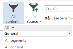 Dropdown menu in Trados GroupShare Online Editor with 'All content' filter selected, next to 'In Source' and 'Case Sensitive' search options.