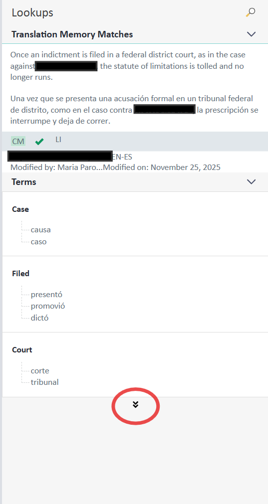 Screenshot of the Lookups panel showing Translation Memory Matches and Terms sections. A red circle highlights a downward arrow for expanding the panel.