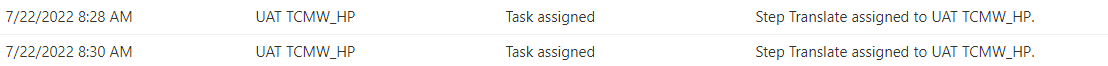 History log showing task assignments at 8:28 AM and 8:30 AM without step numbers, making it unclear which 'Translate' step was assigned.