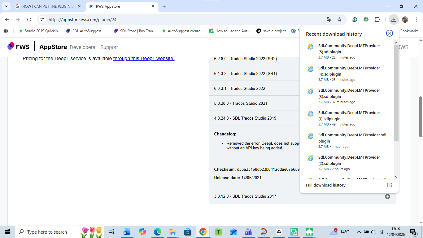 A screenshot of the RWS AppStore page showing various versions of the DeepL plugin for Trados Studio, with a changelog and recent download history visible on the right.