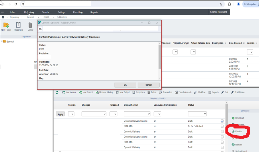 Screenshot of a confirmation dialog box for publishing in Tridion Docs, with details of the publication and 'OK' and 'Cancel' buttons visible.