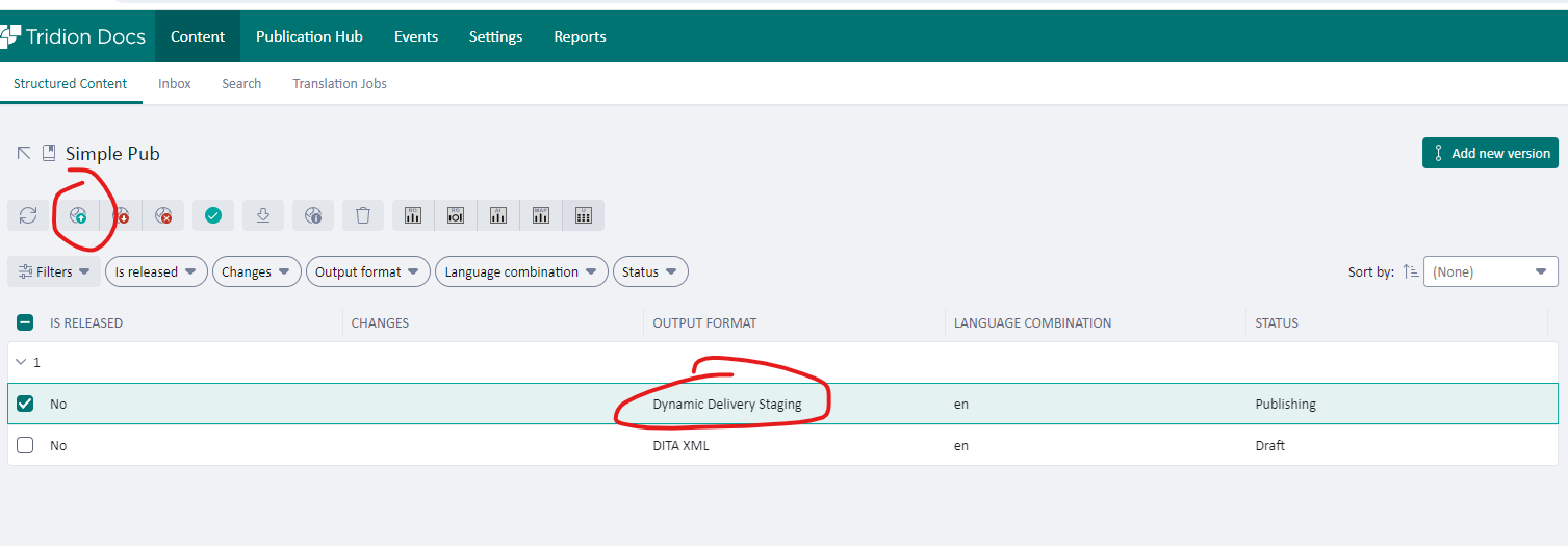 Screenshot of Tridion Docs interface showing the 'Simple Pub' publication with a publish button highlighted, indicating no confirmation dialog is present.