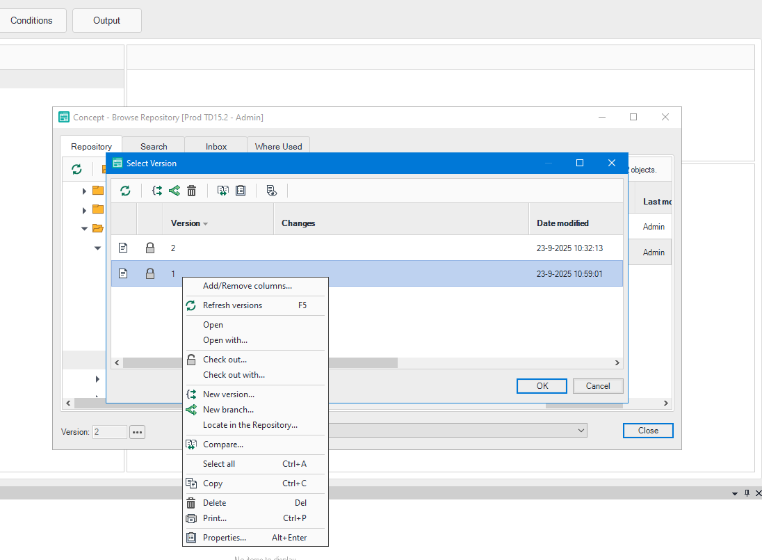 Screenshot of the Tridion Docs interface showing the 'Select Version' window with a context menu open for version 1, displaying options like 'New version' and 'New branch'.