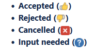 List of status options with icons: Accepted with thumbs up, Rejected with thumbs down, Cancelled with red X, and Input needed with question mark.