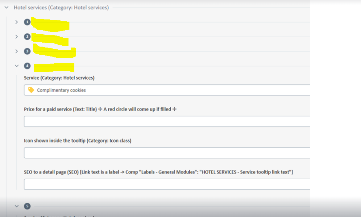 Screenshot of Tridion Sites Ideas interface showing closed accordions labeled 1, 2, and 3 with no visible content or hints.