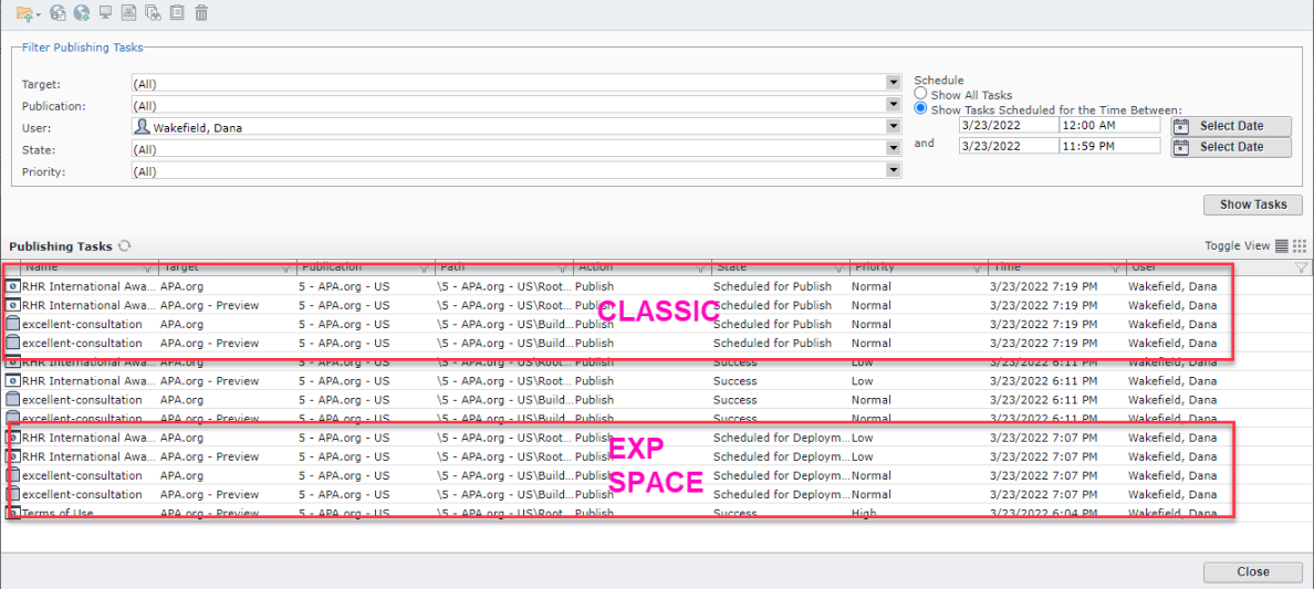 Screenshot of Tridion Sites Ideas publishing tasks with 'CLASSIC' label showing items scheduled for publish with normal priority.