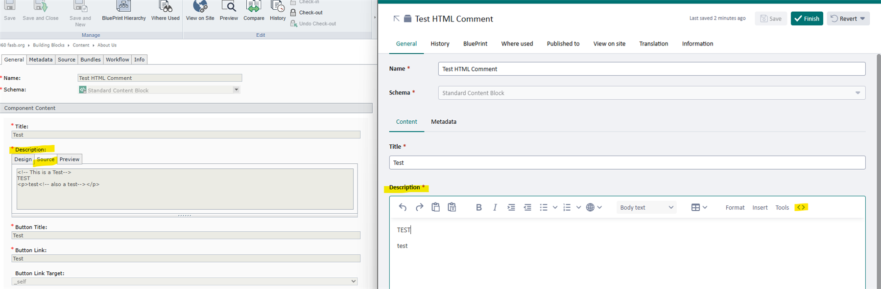 Side-by-side view of Classic UI and Experience Space showing a rich text field with HTML comments visible in Classic UI but hidden in Experience Space.