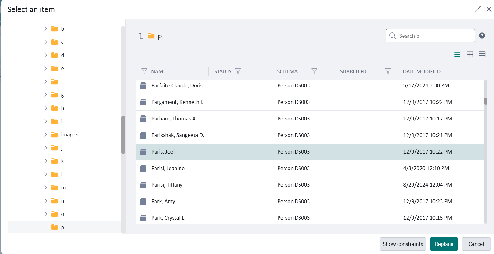 Screenshot of the new Tridion Sites UI showing a component selection popup without a navigation menu, displaying folders and a list of items under the p directory with details like name and schema.