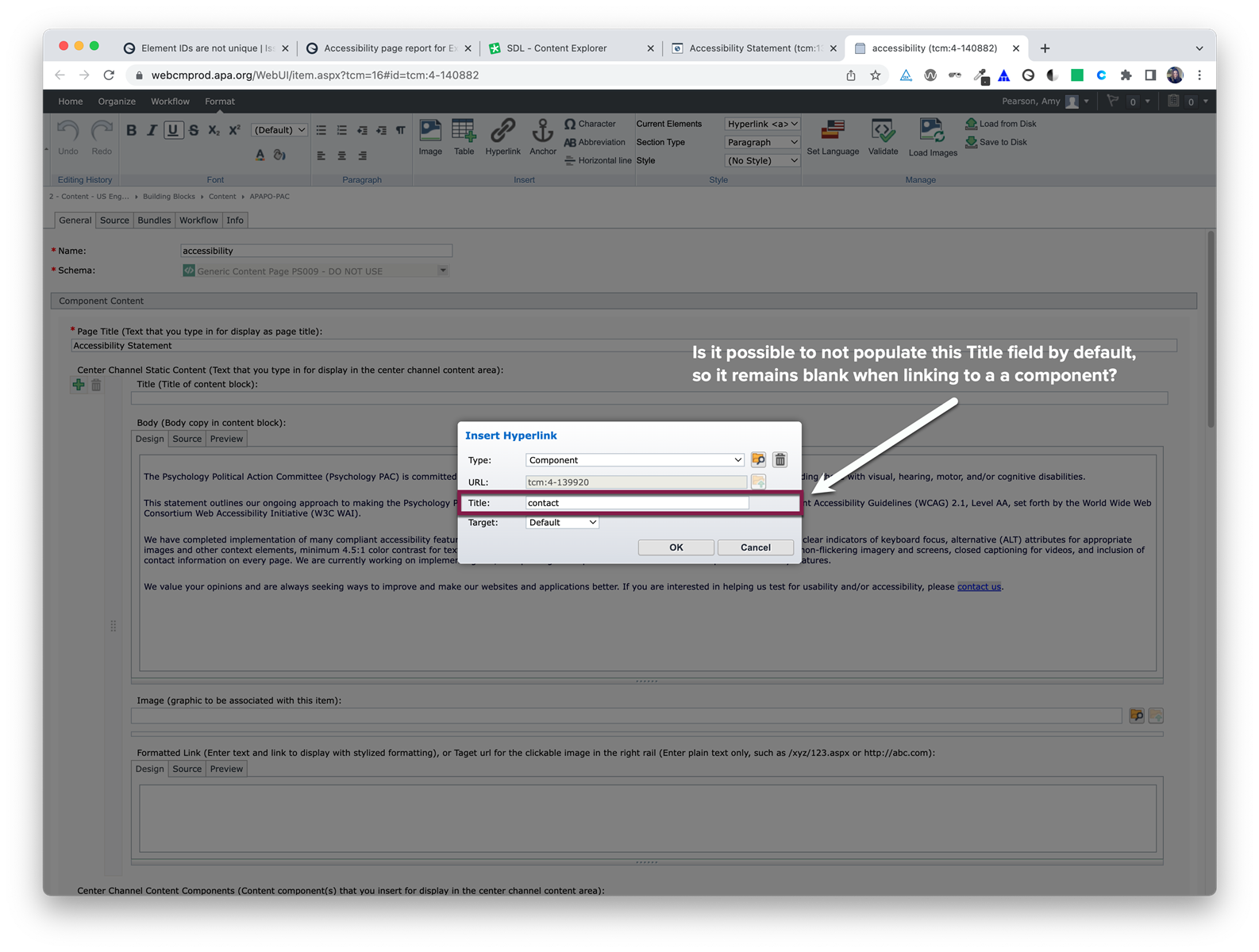 Screenshot of Tridion Sites Ideas interface showing the Insert Hyperlink dialog box with a highlighted Title field automatically populated with 'contact'. A note asks if the Title field can remain blank by default when linking to a component.