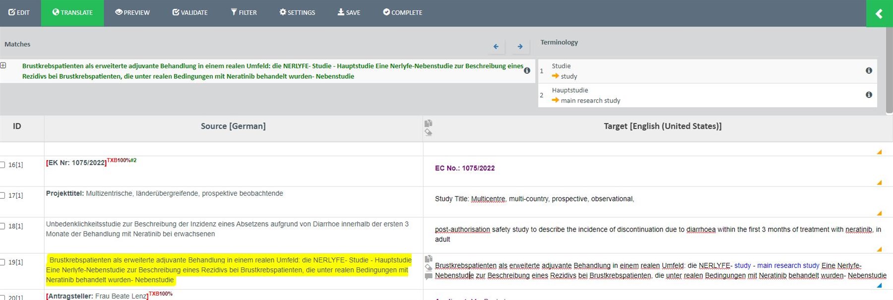 Screenshot of MultiTrans interface showing a German source segment with the term 'Hauptstudie' highlighted in blue and its English translation 'main research study' in the Terminology view.