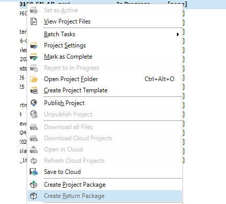 Context menu in Trados Studio showing options like View Project Files, Batch Tasks, Project Settings, and Create Return Package highlighted.