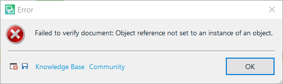 Error dialog box in Trados Studio with a red 'X' icon, displaying the message 'Failed to verify document: Object reference not set to an instance of an object.' with 'Knowledge Base' and 'Community' links and an 'OK' button.