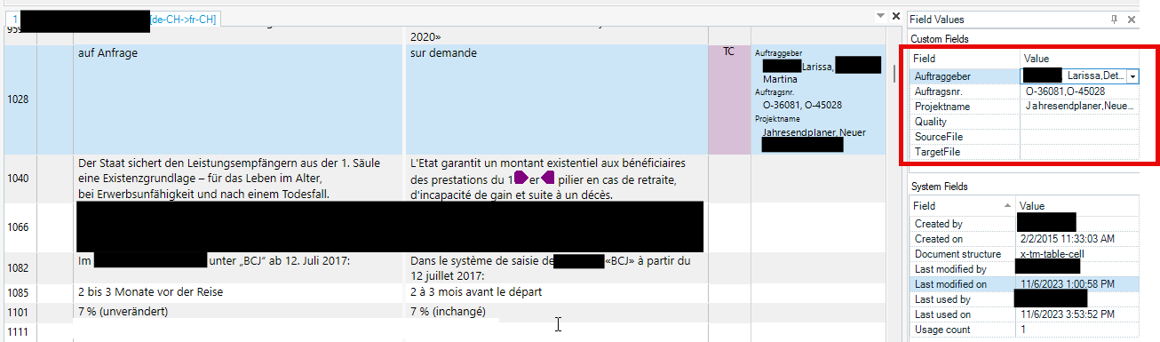 A screenshot of a bilingual table with German and French text, and a 'Field Values' panel on the right showing custom fields like Auftraggeber, Auftragsnr., Projektname, Quality, SourceFile, and TargetFile.