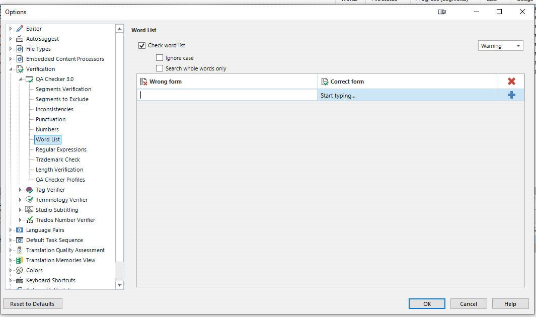 Screenshot of the Trados Studio Options menu showing the QA Checker 3.0 Word List settings. The Word List section includes fields for Wrong form and Correct form with a plus and delete button.