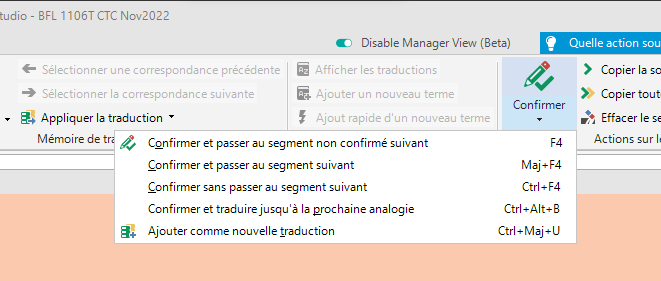 Trados Studio dropdown menu with options to confirm segments individually but lacking a 'Confirm all' option.