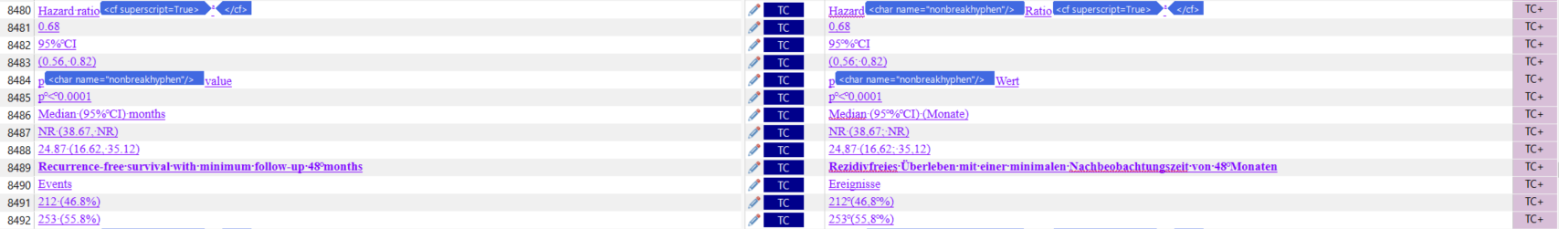 Screenshot of Trados Studio interface showing a list of segments with 'TC' match values in the Translation Details column instead of actual percentages.