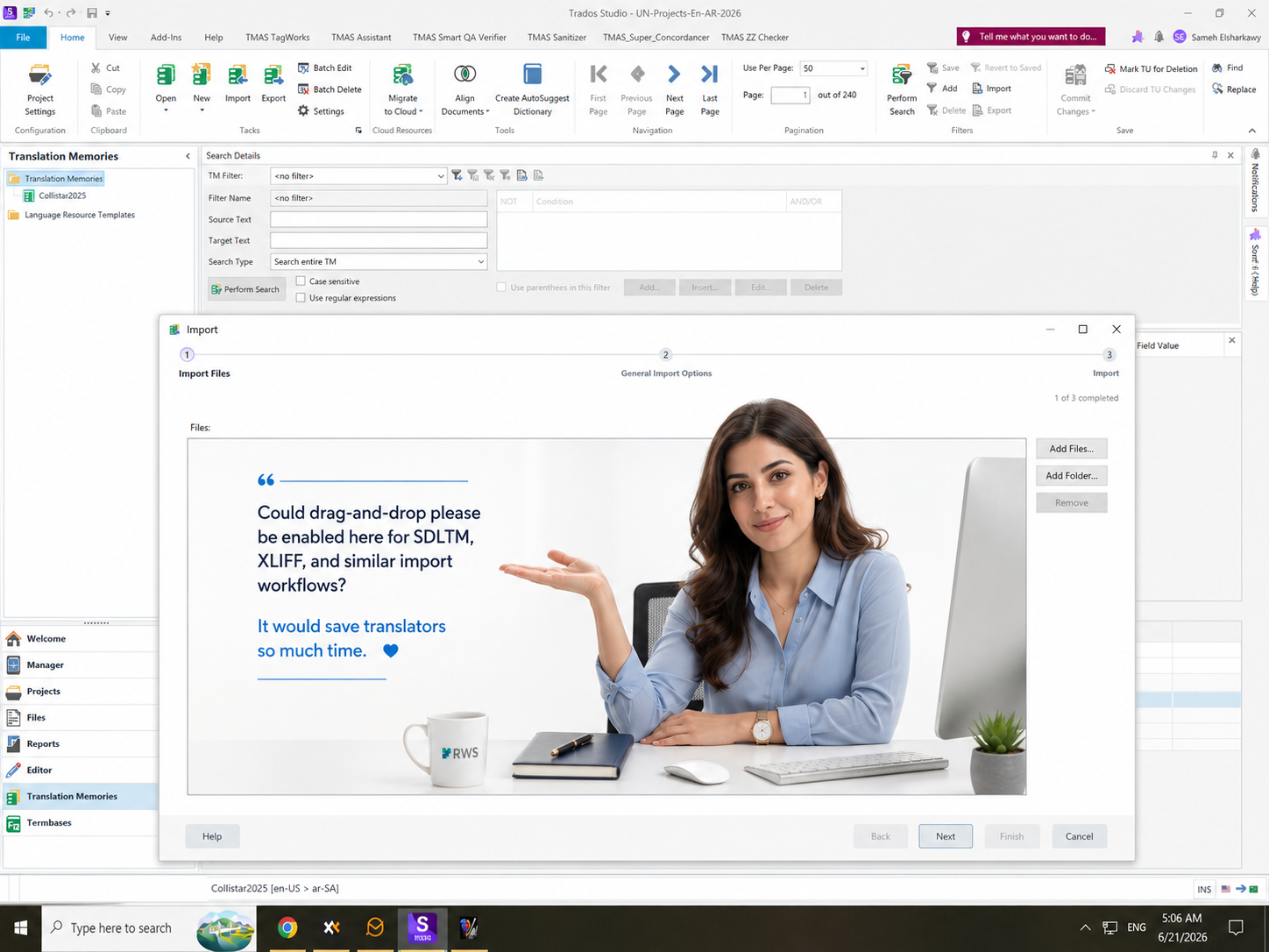 Trados Studio Import Files dialog with a suggestion to enable drag-and-drop for SDLTM, XLIFF, and similar workflows, featuring a woman pointing to the text.