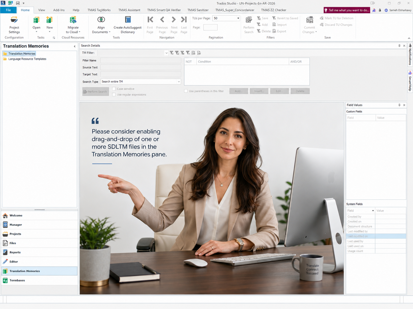 Trados Studio Translation Memories view with a suggestion to enable drag-and-drop for SDLTM files, featuring a woman pointing to the text.
