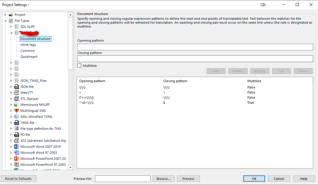 Trados Studio Project Settings window showing the Document Structure tab with fields for Opening and Closing patterns, a Multiline checkbox, and a table of existing rules.