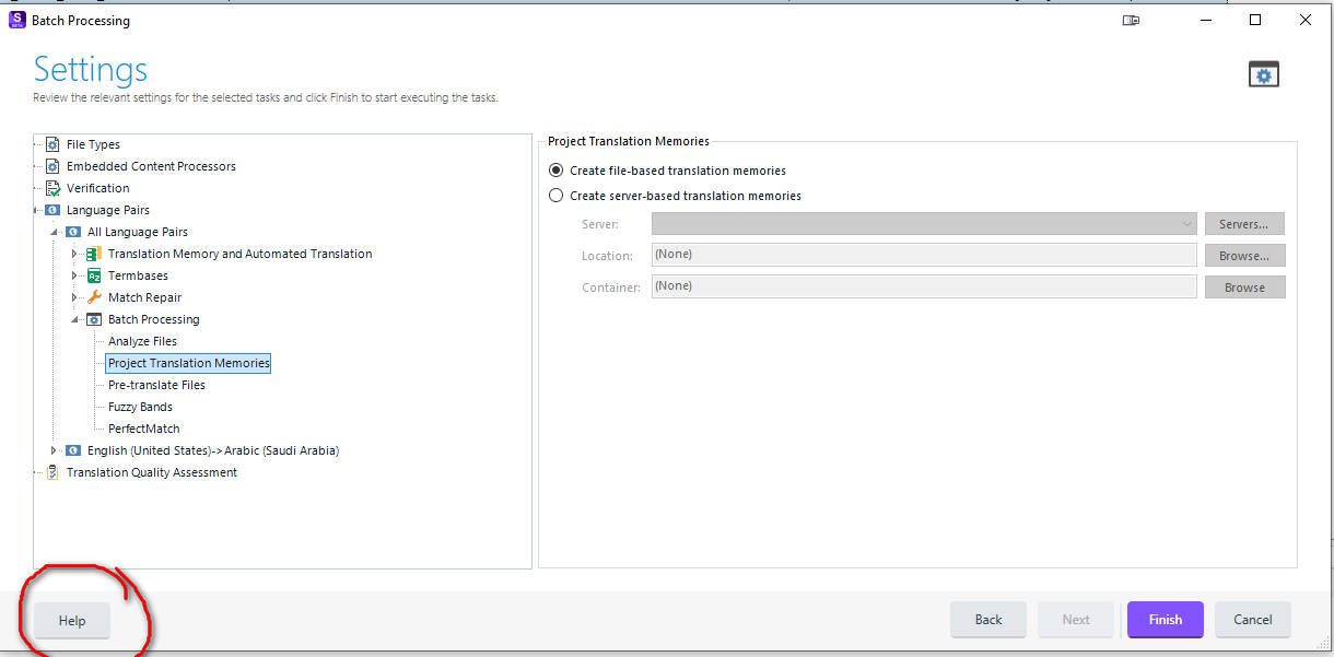 Batch Processing settings window showing options for Project Translation Memories with radio buttons for file-based and server-based translation memories.