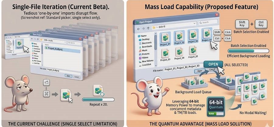 Illustration comparing single-file iteration with mass load capability. Left: single select limitation with a sad mouse. Right: proposed multi-select feature with a happy mouse and 64-bit advantage.