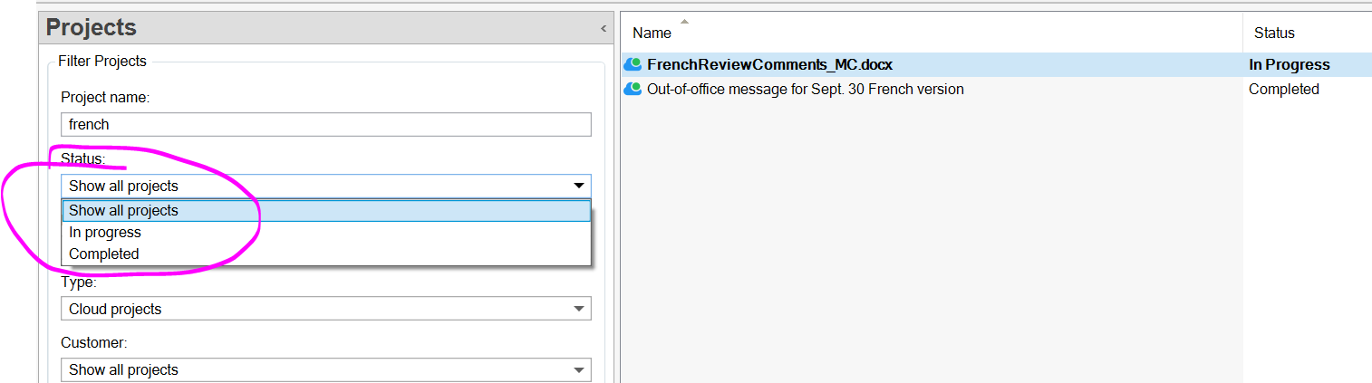 Screenshot of Trados Studio Projects filter options with 'Status' dropdown menu highlighted showing three options: Show all projects, In progress, and Completed.