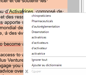 Right-click context menu on a non-standard word in Trados Studio showing spelling suggestions and 'Ajouter au dictionnaire' (Add to dictionary) option, without 'Edit comment'.