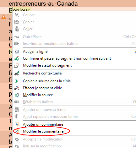 Right-click context menu in Trados Studio with 'Modifier le commentaire' (Edit comment) highlighted in French.