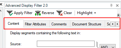 Screenshot of Trados Studio Ideas with Advanced Display Filter 2.0 window, showing tabs 'Content', 'Filter Attributes', 'Comments', 'Document Structure' with a scroll button indicating more tabs to the right.