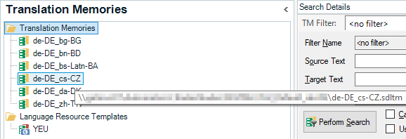 Screenshot showing Translation Memories view in Trados Studio with a tooltip displaying the file location for a selected TM: de-DE_CS-CZ.sdltm.