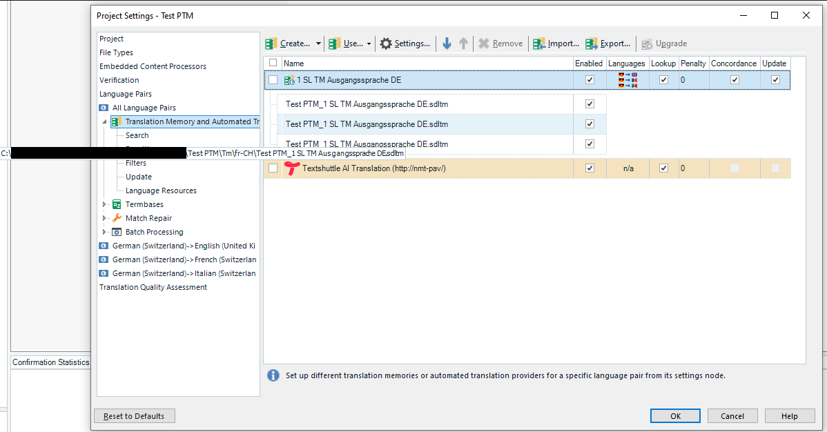 Screenshot of Trados Studio Ideas project settings showing a list of project translation memories with names like 'Test PTM_1_SL TM Ausgangssprache DE.sdlm' and a warning icon next to 'Textshuttle AI Translation'.