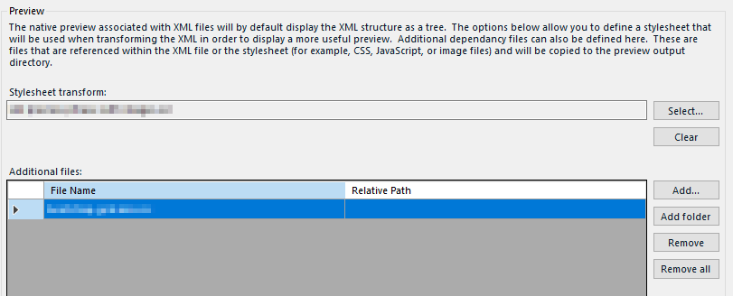 Trados Studio Ideas interface showing the Preview section with options for defining a stylesheet for XML file transformation. The 'Stylesheet transform' field is highlighted but no error message is visible.